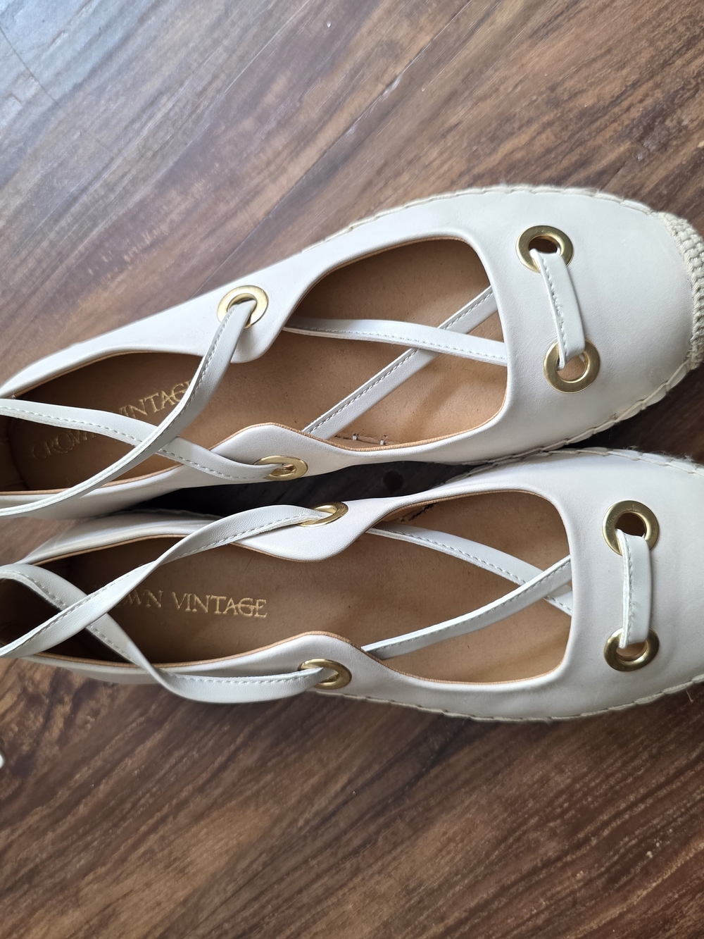 Crown Vintage Cream Lace-Up Espadrille Flats with Gold Eyelets